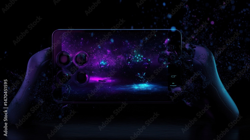 Aufkleber a handheld console displays a digital scene with cosmic elements
