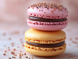 A close-up of two stacked French macarons in pink and yellow tones, filled with rich chocolate ganache. Sprinkles on top add texture and a hint of indulgence. The blurred background highlights the del