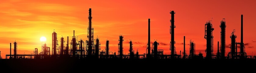 The silhouette of an industrial plant during the fiery sunset