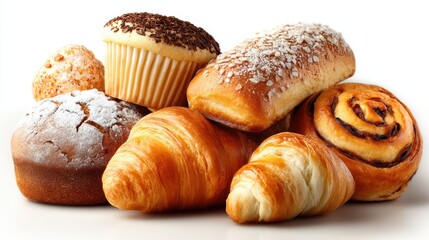 Collection of homemade pastries and baked breads, isolated on a white background