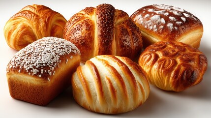 Collection of homemade pastries and baked breads, isolated on a white background