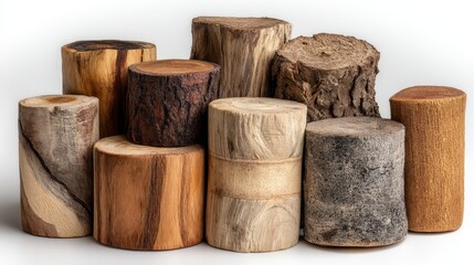 Set of standing thick wood logs, isolated on a white background