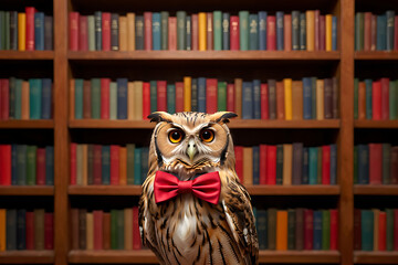 Sophisticated Owl in a Red Bow Tie: Wise and Stylish in a Bookshelf Setting