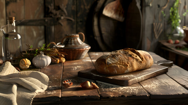 Still life of rustic bread on a wooden board with garlic and herbs on a wooden table top scene