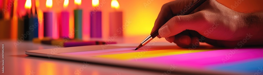 Poster a hand painting on a surface with colorful lit candles behind it
