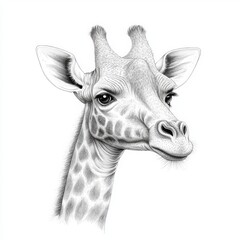 Obraz premium Detailed Illustration of a Giraffe Head Featuring Distinctive Patterns and Expressive Eyes in Monochrome Style