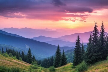 Obraz premium Twilight Bliss: Colorful Clouds Above Pine Tree Silhouettes in the Carpathians