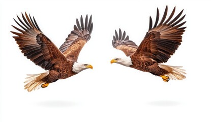 Obraz premium Majestic Bald Eagles in Flight with Wings Spread Wide Against a Crisp White Background