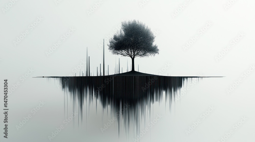 Poster a solitary tree and its reflection are depicted in grayscale tones