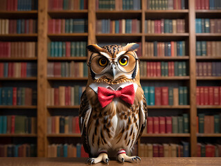 Sophisticated Owl in a Red Bow Tie: Wise and Stylish in a Bookshelf Setting