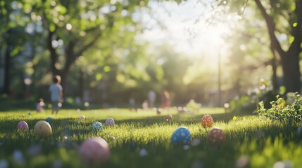Family easter egg hunt in sunny park with kids and colorful eggs