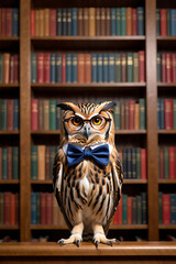 Obraz premium Sophisticated Owl in a Red Bow Tie: Wise and Stylish in a Bookshelf Setting