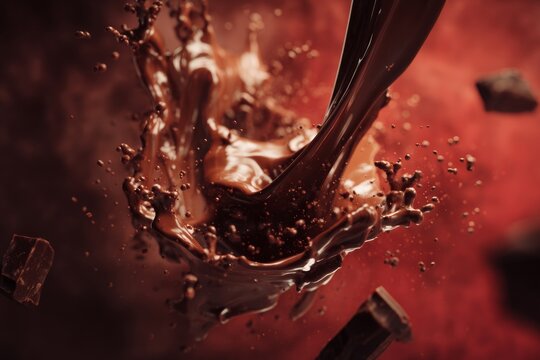 Splashing melted chocolate, a captivating culinary spectacle in motion, with floating pieces.