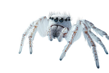 Close-up of a white spider with striking black eyes and detailed fur.