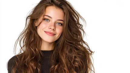 Obraz premium Charming beautiful young model with long brown hair smiling confidently, graceful side pose, isolated on a white background