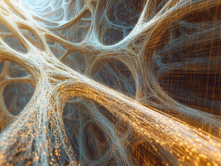 Abstract artificial intelligence visualization, glowing electric blue and neon yellow dots forming complex fractal-like structures, futuristic cyber grid, holographic  