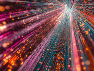 Abstract artificial intelligence visualization, glowing multicolored dots forming complex fractal-like structures, futuristic cyber grid, holographic UI elements, intense neon hues of pink 