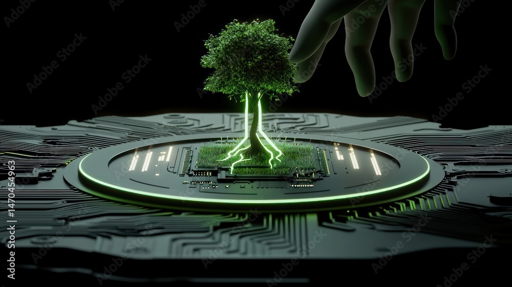 Poster a green tree grows from a circuit board in darkness