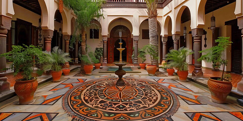 Obraz premium Serene courtyard with central fountain lush greenery in terracotta pots