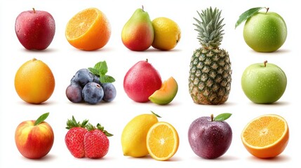 Set of different types of fresh fruits, isolated on a white background