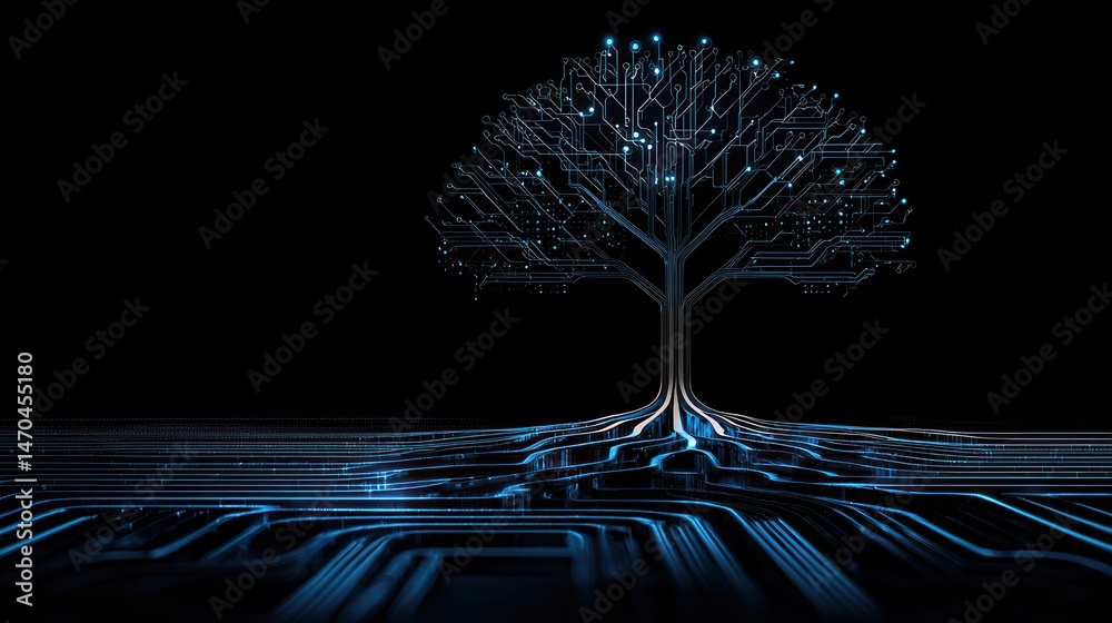 Poster A digital tree design illustrating data networking and technology