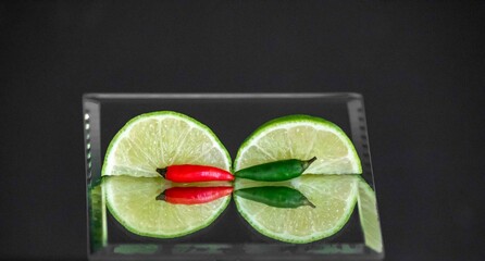 Tahiti lime cut with chili pepper on mirror with reflection