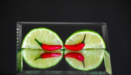Tahiti lime cut with chili pepper on mirror with reflection