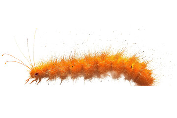 Close-up of an orange fuzzy caterpillar on a white background.
