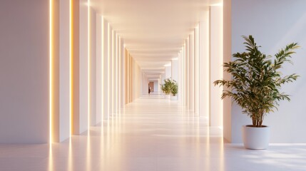 Fototapeta premium Modern hotel hallway, sunlight, plants, minimalist design, background for luxury travel