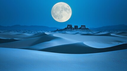 Moonlit desert vast dunes ancient ruins rising above the sand cinematic serene solitude