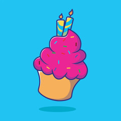 Cute cupcake with topper and birthday candles. Birthday cake vector. Isolated on colorful background.