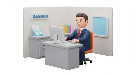 Bank Employee Working at Computer - A 3D cartoon banker diligently works at his desk, symbolizing finance, professionalism, service, technology, and growth