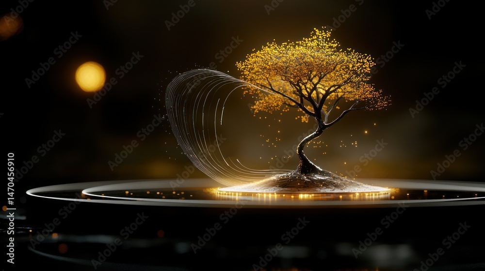Poster a glowing golden tree displayed on a dark round surface