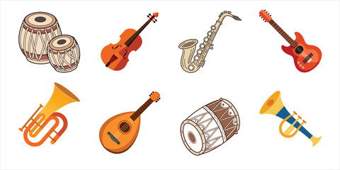 A set of  musical instruments on white background, bubdle of 8 instrument