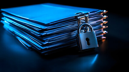 Stack of blue folders locked with padlock symbolizing data privacy security digital protection information safety concept