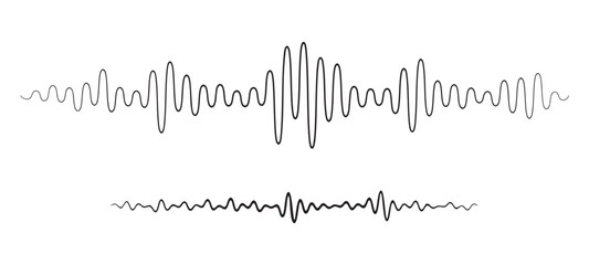 Black thin lines sound waves flow isolated on a white background. Waveform patterns are simple curves for music, audio, podcasts, or voice message concepts. Vector illustration