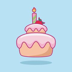 Cute birthday cake with candles isolated on background. Vector illustration of holiday dessert decorated with pink cream.
