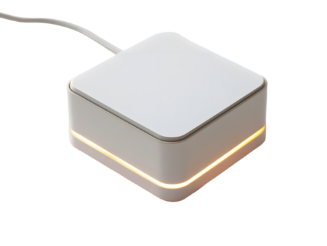 Compact, off-white device with subtle glowing base.  Cord extends from top.  Modern, minimalist design
