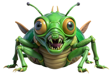 A colorful, cartoonish insect character with a large, exaggerated head and big, expressive eyes. Its body is predominantly green, featuring a segmented abdomen and multiple legs. The creature has shar