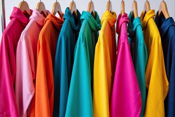 colorful assortment of hoodies arranged in a vibrant spectrum, neatly hanging on wooden hangers from a clothing rack. Casual apparel display for retail or organization concepts