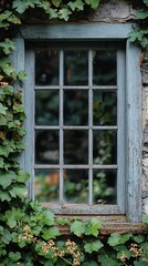 Obraz premium Aged window framed by greenery