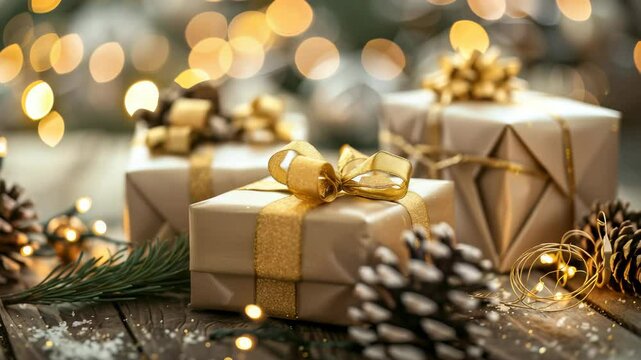 Holiday gifts wrapped in tan paper and adorned with gold ribbon on a wooden table, complete with pinecones, sprigs of evergreen, and string lights to add to the warm Christmas spirit.