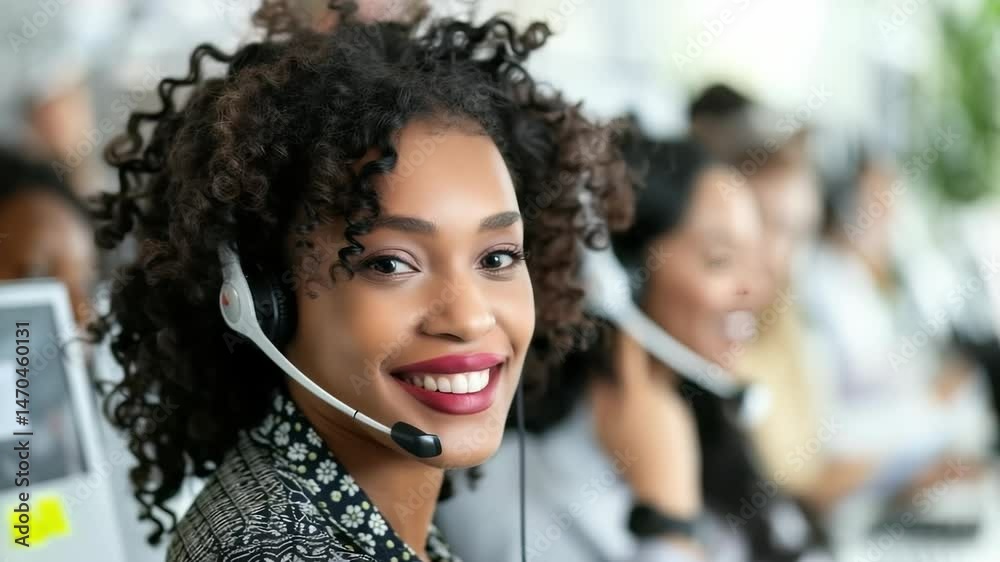 Poster a smiling woman wears a headset in a busy call center, providing customer service. the backdrop feat