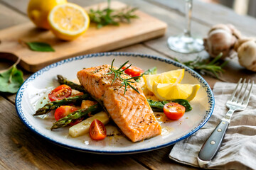 Grilled Salmon with Asparagus, Cherry Tomatoes, and Lemon