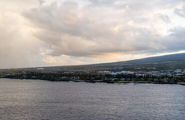 Panoramic View of Kailua-Kona Hawaii Coastal Landscape During Overcast Weather