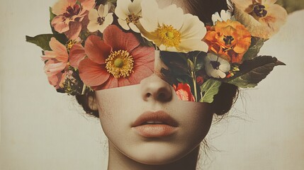 Obraz premium A modern collage portrait depicts a young woman whose face, adorned with flowers, obscures her eyes. 
