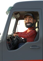 3D Cartoon Truck Driver Joyride - Happy cartoon truck driver, road trip, adventure, freedom, transportation. Symbolizing journey, delivery, work, travel, and success