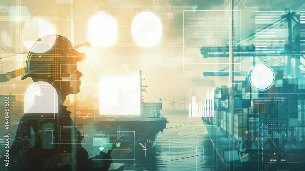 Aufkleber An industry worker in a hard hat stands at a bustling shipping yard with cargo ships and containers. A digital interface overlay displays data, symbolizing tech integration in operations.