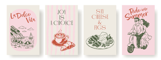 Colorful Italian-themed posters with sketches of coast, food, coffee, figs, and a couple on a scooter. Mediterranean summer vibes, retro hand-drawn illustrations, travel and lifestyle concept, vector