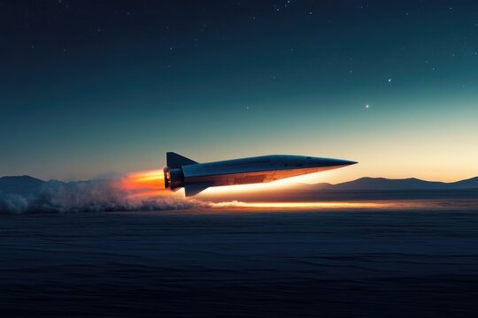 A futuristic spacecraft takes off from a desert at sunset, leaving a trail of fiery exhaust. - Powered by Adobe